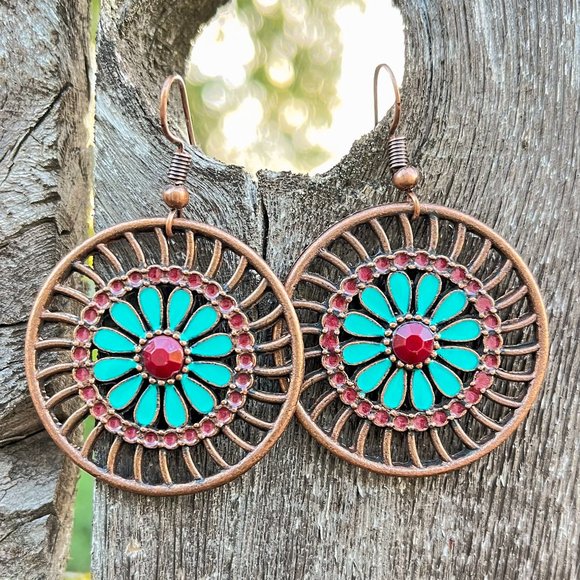 Blue Flower Circle Drop Earrings - Picture 3 of 4